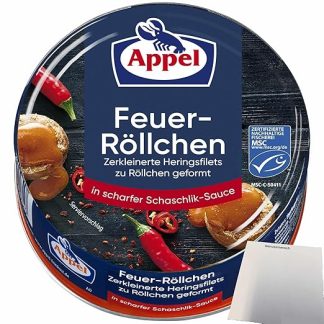 Appel Fire Rolls Crushed Herring Fillets Shaped into Rolls in Sharp Shashlik Sauce (200 g Tub) + usy Block