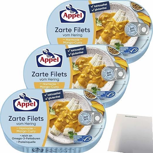 Appel Delicate Fillets of Herring Harmony Mango Curry Pack of 3 (3 x 200 g Tin) + usy Block