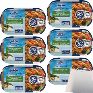 Rügenfish Scomber Mix Mediterranean Style, Mackerel Fillets Crushed with Tomatoes and Olives in Tomato Sauce Pack of 6 (6 x 120 g Tub) + usy Block