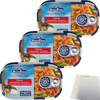 Rügenfisch Scomber Mix, Mackerel Fillets Crushed with Vegetables and Tomato Paste Pack of 3 (3 x 120 g Tin) + usy Block