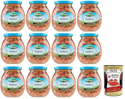 12 x Valfrutta Fagioli Borlotti, Italian Borlotti Beans, Legume Vegetables Boiled Beans, Glass 360 g + Italian Gourmet Polpa di Pomodoro 400 g Tin