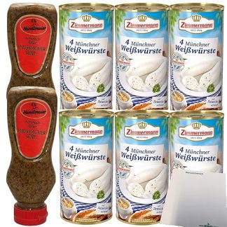 Zimmermann 24 Munich White Sausages (6 x 530 g Tin) + Händlmaier Sweet Mustard 2 x 225 ml + usy Block