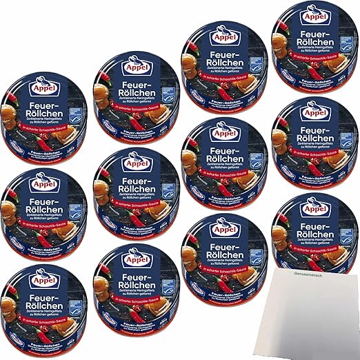 usy Bundle for Appel Fire Rolls Crushed Herring Fillets Shaped into Rolls in Sharp Shashlik Sauce Pack of 12 (12 x 200 g Tub) + usy Block