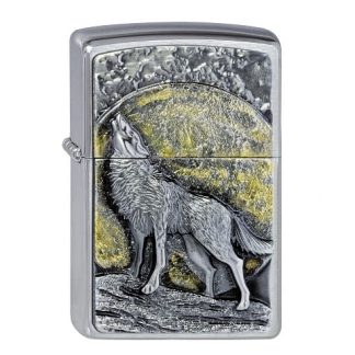 ZIPPO chrom gebuerstet Wolf at Moonlight Emblem 2003038