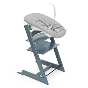 Stokke Tripp Trapp Chair (Fjord Blue) with Newborn Set (Grey), For Newborns up to 9 kg, Cosy, Safe & Easy to Use