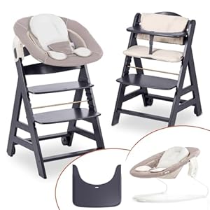 hauck Beta+ Newborn High Chair Set, Baby High Chair Set from Birth with 2-in-1 Newborn Attachment Bouncer, Seat Pad and Dining Board, Dark Grey