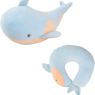 Anseom Children's Travel Pillow, 2-in-1 Malleable Neck Pillow, Soft U-shaped Pillow, Neck Pillow, Children Adults, Cosy Sleep and Play Companion for Airplanes Travel (Blue Whale)