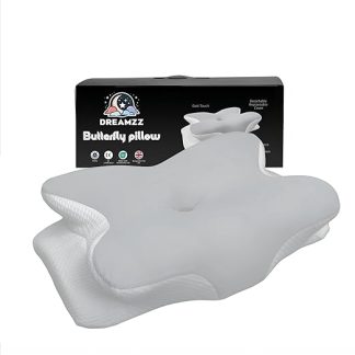Dreamzz Ergonomic Memory Foam Pillow - Contoured Design for Sleep Support - Light Blue and White