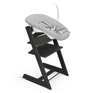 Tripp Trapp Chair by Stokke (Black Oak) with Newborn Set (Grey) - For Newborns up to 9 kg - Cosy, Safe & Easy to Use