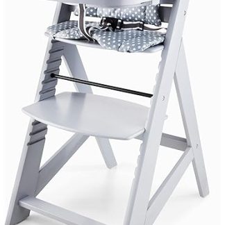 Moby-System Woody Baby Wooden High Chair - Grows with Your Child with 3-Point Harness, Dining Board and Cushion - Height Adjustable up to 15 kg, Solid Wood Grey