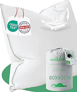 Welldora Premium Pillow 80 x 80 cm, 100% Natural Down Fibres & Feathers, Ergonomically Optimised 3 Chamber Neck Support Pillow, Medium Firm Pillow, Expertly Tested, Oeko-Tex Certified, in Germany
