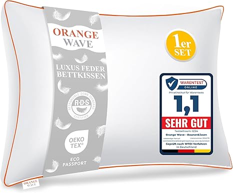 Orange Wave Pillow 50 x 70 cm Feather Pillow - Down Pillow 1 Pillow Down and Feathers Sleeping Pillow, RDS and Oeko-Tex Side Sleeper Pillow for Maximum Support