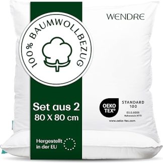 WENDRE Sleep Breathable Pillow Set of 2, 80 x 80 cm, Soft, 100% Cotton Pillowcase, Washable, Luxury Comfortable Pillow for the Bed, Durable, Hypoallergenic Pillow, Oeko-Tex Certified