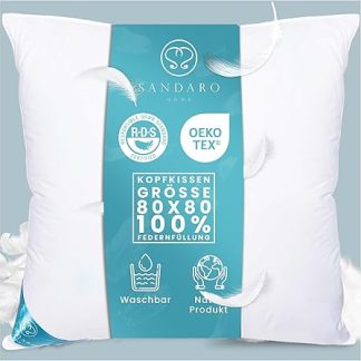 Sandaro Home Feather Pillow 80 x 80 cm | Oeko-Tex Certified Pillow 80 x 80 cm with 100% Natural Feather Fillings Only, Pillow 80 x 80 cm with Goose Feather Filling in Cotton Cover for Restful Sleep