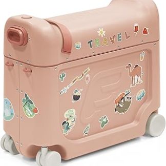 Stokke JetKids BedBox - Ride On Case for Children from 2-7 Years (up to 35 kg) - Can be Transformed into a Bed - Includes Mattress, Decorative Stickers & Adjustable Carry Strap, Coral pink, S