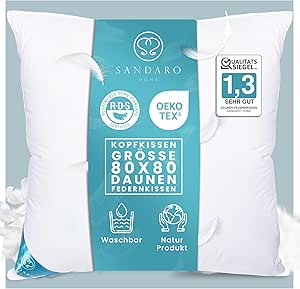 Sandaro Home Pillow 80 x 80 cm, Down Pillow 100% Natural, 3 Chambers Cushion Down and Feathers, 1,600 g
