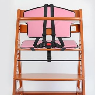 Universal Highchair Seat Cushion and Belt System Set, 6 Pieces, Pink Padding, 5-Point Harness in Black, Children's Wooden High Chair Complete Set with Seat Cover, Safety Belt, Belt Pads, Crotch Strap
