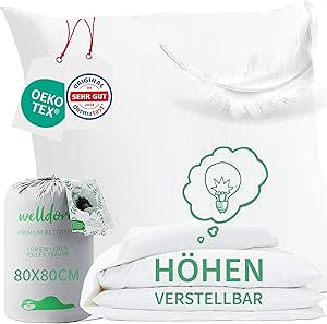 Welldora Premium Pillow 80 x 80 cm Height Adjustable 100% Down Fibres and Feathers Ergonomic Innovation: Adjustable Firm to Soft Cushion Specialist Tested Oeko-Tex Certified in Germany