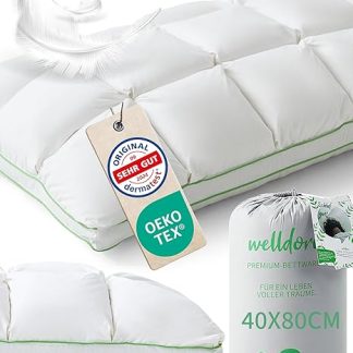 Welldora Premium Pillow 40 x 80 cm, 100% Down Fibres and Feathers, Innovative Puff Cloud Design for Maximum Comfort and Ergonomics, Medium-Firm Pillow, Expertly Tested, Oeko-Tex Certified, in