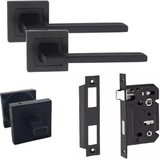 Golden Grace Aztec Design Straight Bathroom WC Toilet Door Handles on Square Rose in Matt Black Finish with 64mm Bathroom Mortise Lock & Thumbturn