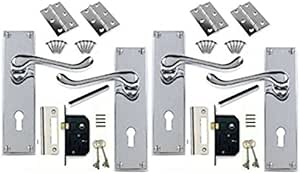 Victorian Scroll Chrome Door Handle Lock Pack with + 2 Lever Lock + Hinges (2) and Key - Polished Door Handles with Locks for Enhanced Security & Style - Sets of 2
