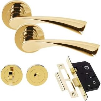 Golden Grace Astrid Design Modern Bathroom Door Handles On Round Rose in Polished Brass Finish with Thumbturn & 2.5 Bathroom Mortise Lock