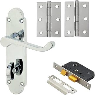 Bathroom Door Handle Polished Chrome Epsom Style Victorian Scroll with Hinges and Bathroom Sash Lock x 1 Set