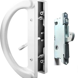 Patio Door Handle Set + Mortise Lock 45° Perfect Replacement for Sliding Glass Door Fits 3-15/16” Screw Hole Spacing, Non-keyed with Mortise Latch Locks,White Diecast,Reversible Design(Non-Handed)