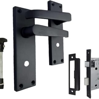 Black Door Handles Interior Door Bathroom Handles - Victorian Straight Bathroom Handles and 3 Lever Mortise Sash Lock, Matt Black Door Handles, Back Plate, 150 x 42mm, Door Handles Set 1