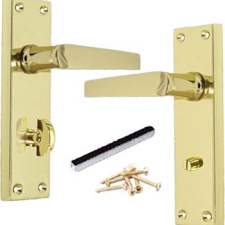 Victorian Straight Handle Bathroom WC Toilet Door Handles, Pair Brass 152mm x 42mm Backplate, Interior Wooden Doors