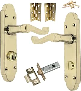 Betley Butterfly Epsom Door Handle Brass Scroll Lever Privacy Internal Latch Bathroom Handle with Hinges and Latch Set 170mm x 40 mm Modern Home & Office Wooden Doors