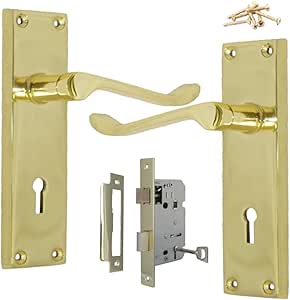 Discount Hardware UK Door Handle Sets, Victorian Scroll Brass Door Handles with Lock and Key, Bedroom Door Handle with Lock, External Door Lock and Handle Set with 3 Lever Door Lock with Keys