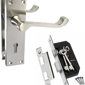 Victorian Scroll Lock Handles & 3 Lever Sash Lock, Satin Nickel Door Handles, Back Plate, 150 x 42mm, Door Handles Multipack, Door Handles (1 Pair of Lock Handles + 3 Lever MOTICE SASH Lock)