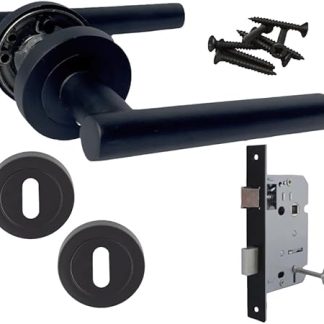 Lock Pack – Matt Black Door Handle on Rose with Euro Sash Lock & Escutcheon | Secure 123mm Lever Handle Set