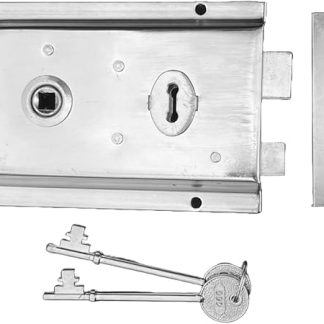 Victorian Style Door Rim Lock, 6 x 4, Chrome Polished Fluted Design with 2 Keys, Reversible Latch