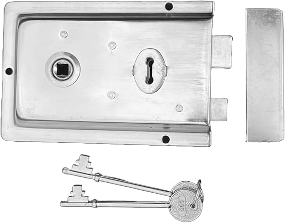 Victorian Style Door Rim Lock, 6 x 4, Chrome Polished Fluted Design with 2 Keys, Reversible Latch