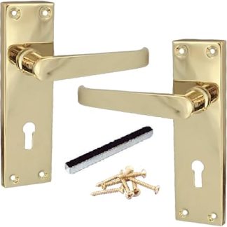Victorian Straight Handle Lever Lock Door Handles, Pair Brass 154mm x 41mm Backplate, Interior Wooden Doors