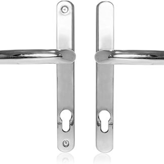 Uros Polished Chrome UPVC Door Handle, (PZ 92mm, 211mm Screw Hole Distance, 243mm Overall) DDA Compliant, Long Backplate, Stainless Steel Front Door Handle
