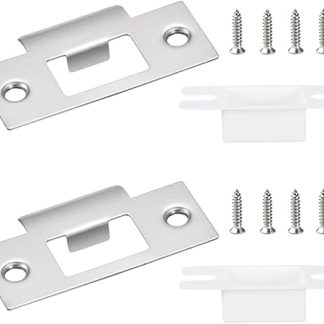 2 Sets Door Strike Plate Stainless Steel Door Latch Plate 70mm x 40.3mm Mortice Lock Plates with Dust Box and Matching Screw for Internal Door Repairing Fixing