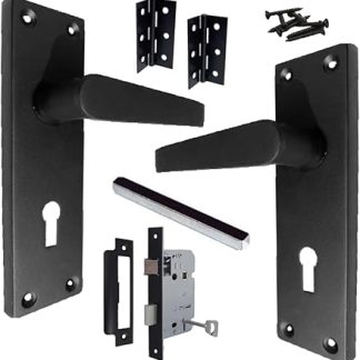 Victorian Straight Handle Matt Black Lever Lock Door Handles +3 Lever Lock Set with 1 Pair of 3 Hinges, 154mm x 41mm Backplate