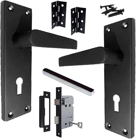 Victorian Straight Handle Matt Black Lever Lock Door Handles +3 Lever Lock Set with 1 Pair of 3 Hinges, 154mm x 41mm Backplate