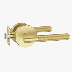 Asidrama 1 Pack Privacy Gold Door Handles, Door Lever with Door Knobs Indoor for Bedroom or Bathroom, Heavy Duty Brushed Gold Door Handles Interior with Locks for Left Right Sided Doors