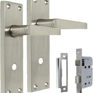Victorian STRAIGHTLock Handles,Satin Nickel Door Handles, Back Plate, 150 x 42mm, Door Handles Multipack, Door Handles Set 2 (1 Pair of Bathroom Handles + Bathroom SASH Lock)