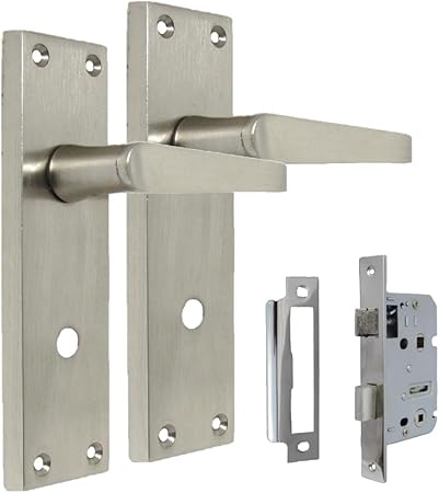 Victorian STRAIGHTLock Handles,Satin Nickel Door Handles, Back Plate, 150 x 42mm, Door Handles Multipack, Door Handles Set 2 (1 Pair of Bathroom Handles + Bathroom SASH Lock)