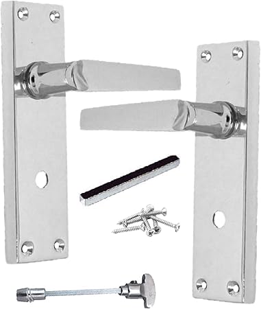 Victorian Straight Bathroom Handles - Chrome Door Handles with 3 Lever Mortise Sash Lock (1 Pair)