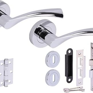 Hunta HANDLEZONE® Lobo Door Handles on Rose 3 Lever Lock Pack with 75mm Ball Bearing Hinges and 76mm Lock - Polished Chrome