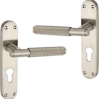 Infinity Decor Pair of Satin Nickel Euro Knurled Lever on Backplate Key Lock Door Handles Set - for Interior & Exterior Door