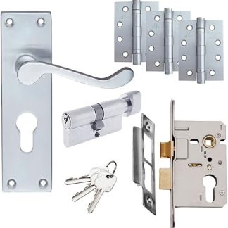 Victorian Scroll Door Handle Set - Euro Lock Door Pack - Satin Chrome