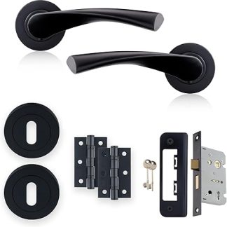XFORT Matt Black Warped Lever On Rose Lock Pack, with Ball Bearing Hinges, Escutheons & A Sashlock, Ideal for Internal Wooden Doors for Home and Office.