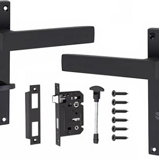 Golden Grace Victorian Straight Delta Door Handles Bathroom WC Toilet Complete in Matt Black with (GG) 64mm Bathroom Mortise Lock - 150mm x 40mm Backplate